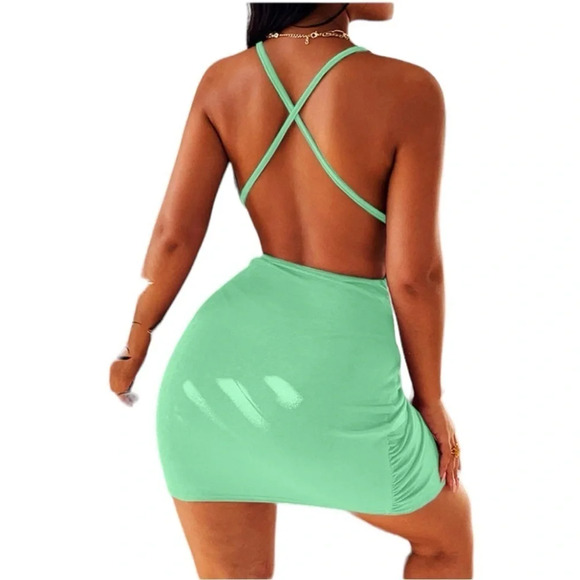 Women Sexy Dress Club Night Satin Slip Deep V Neck Ruched Bodycon  Sleeveless - Picture 2 of 9